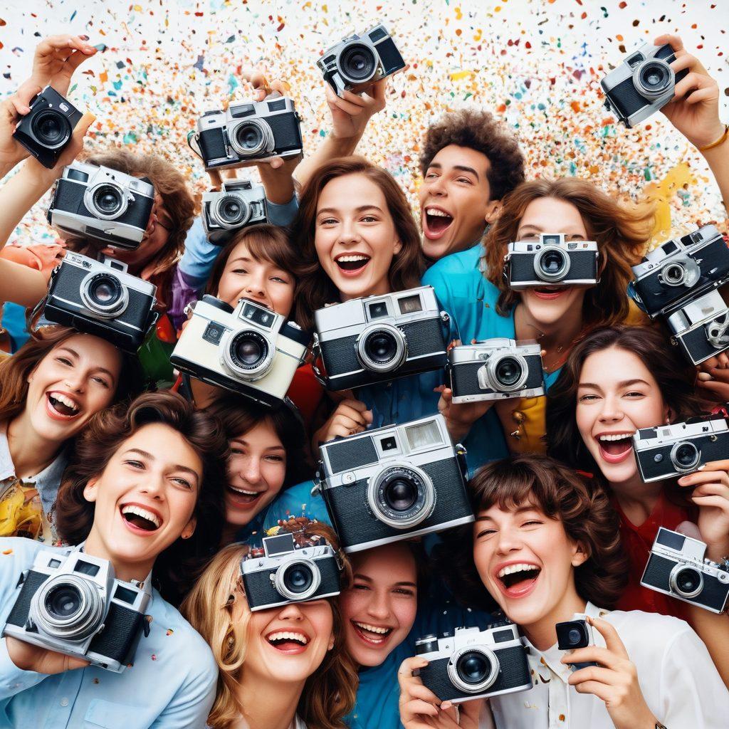 A collage of joyful memories, featuring vintage analog cameras, cheerful people laughing, and vibrant scanned photographs surrounded by colorful confetti. The background should represent a joyful atmosphere with hints of sunlight and bright colors. Super-realistic. Vibrant colors. White background.