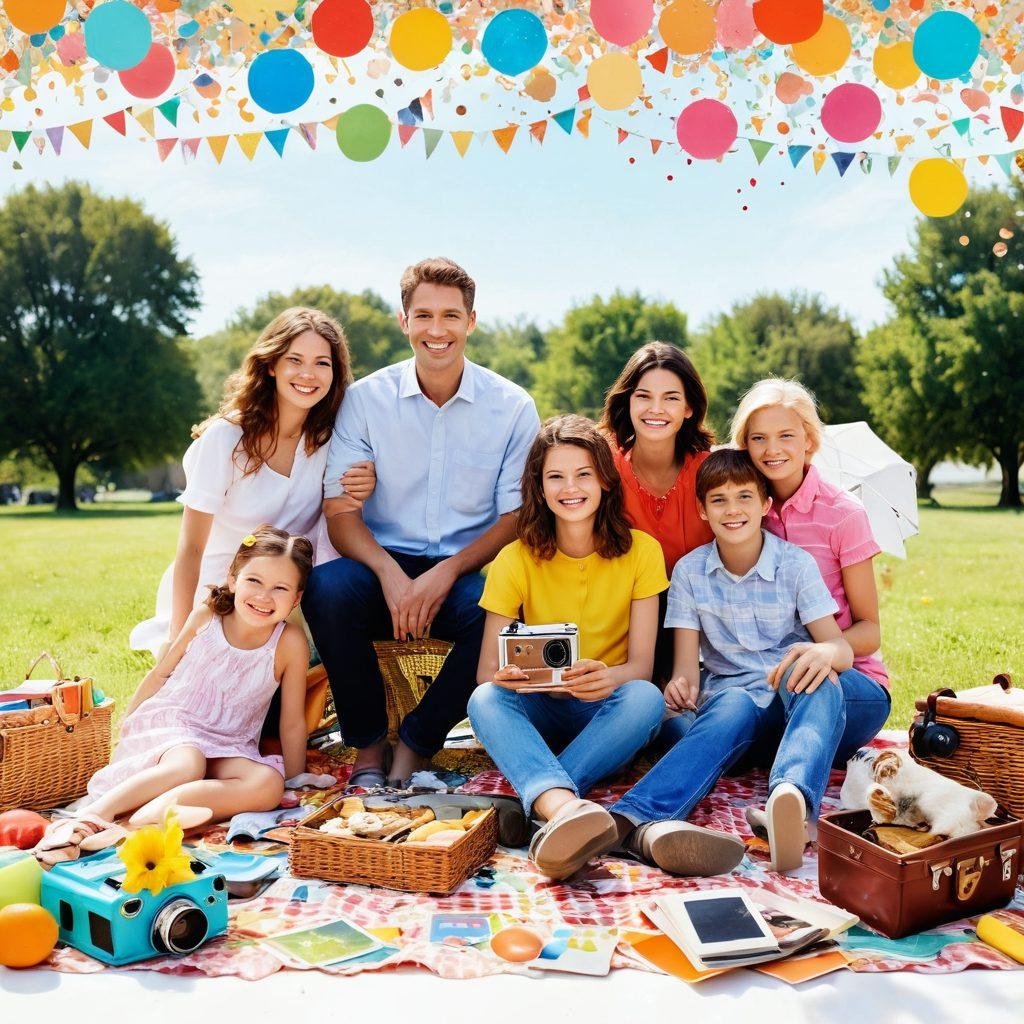 A vibrant scrapbook filled with colorful photos of joyful moments, surrounded by smiling faces and confetti. Include a vintage camera capturing a happy family picnic scene under a sunny sky, with playful pets and children playing. The background should be filled with warm pastel colors that evoke happiness and nostalgia. super-realistic. vibrant colors. white background.