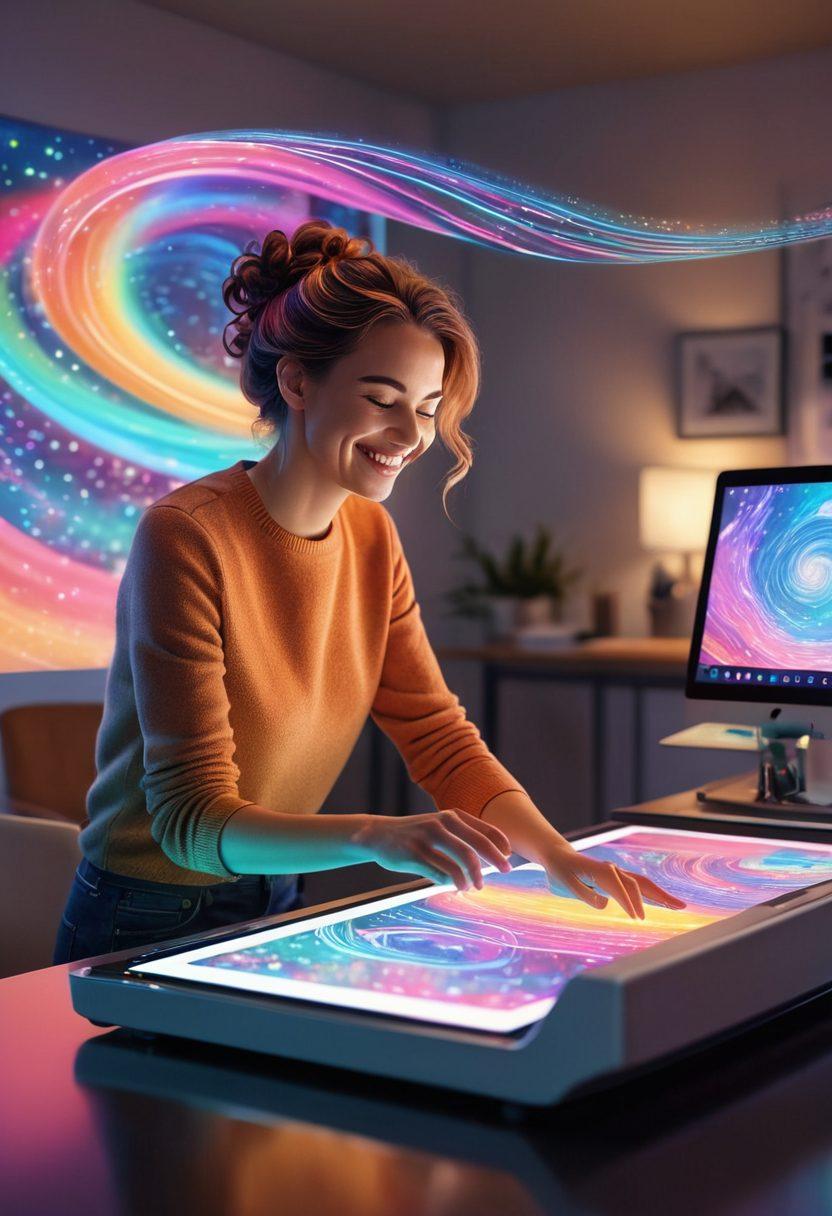 A whimsical scene depicting a smiling person scanning a joyful image on a sleek digital scanner, with colorful memories swirling around them as vibrant holograms. The background features a cozy, modern workspace filled with light and inspiration. Bright, cheerful colors create an inviting atmosphere, enhancing the theme of digital transformation. super-realistic. vibrant colors. minimalistic background.